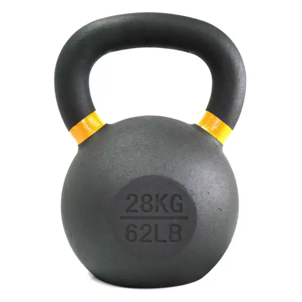 A black 28kg kettlebell with a yellow-accented handle and markings of 28KG and 62LB on the front, set against a plain white background.