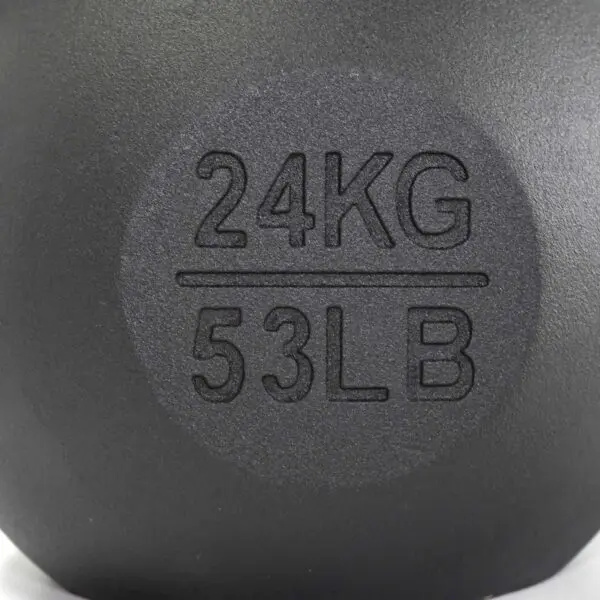 A close-up shows a dark metal kettlebell engraved with 24KG above 53LB. Its the 24kg Kettlebell.