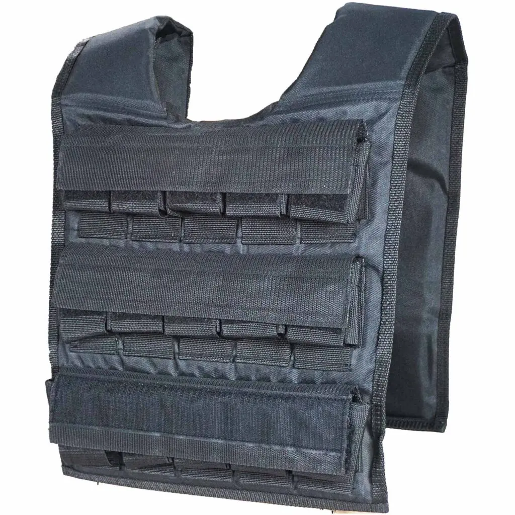 A black tactical bulletproof vest with multiple horizontal straps and pouches on the front, designed for carrying equipment and providing protection.