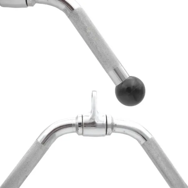 Close-up of the Wide Press Down Bar, a metal V-shaped gym cable attachment with knurled grips, a rotating joint, and a rubberized ball at one handles end.