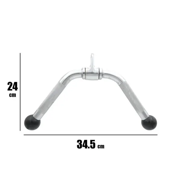 The Wide Press Down Bar is a V-shaped chrome handle for fitness machines, featuring black rubber ends. It measures 24 cm in height and 34.5 cm in width.