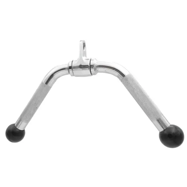 The Wide Press Down Bar features a chrome finish and has two textured handles extending from a central bracket, each ending with a black rubber cap for secure grip during workouts.