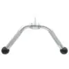 The Wide Press Down Bar is a V-shaped attachment with knurled grips and rubberized ends. Designed for gym equipment, it targets the back and triceps. The metal finish is shiny and reflective.