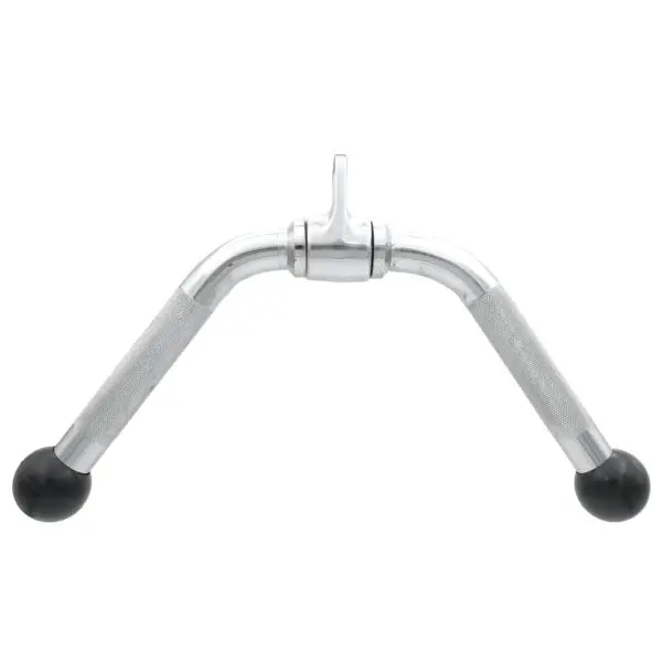 The Wide Press Down Bar is a V-shaped attachment with knurled grips and rubberized ends. Designed for gym equipment, it targets the back and triceps. The metal finish is shiny and reflective.