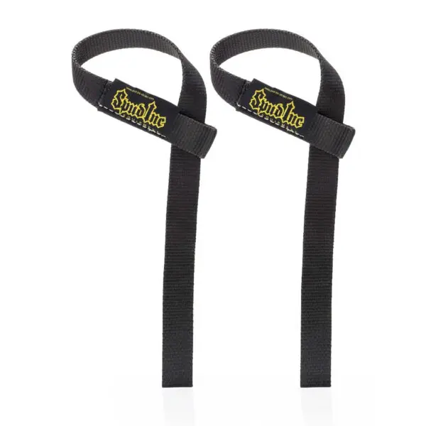 The Spud Inc Axle Wrist Straps, black with yellow branding, are designed for grip support during weightlifting. They feature loops at one end and are displayed vertically against a white background.