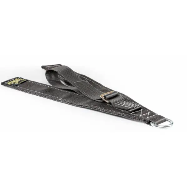 The Spud Inc Cheap Bastard Sled features a black lifting strap with a metal ring and reinforced stitching, set against a white background.