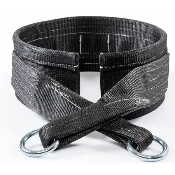 The Spud Inc Belt Squat Belt is designed in black nylon with reinforced stitching, featuring adjustable straps ending in metallic D-rings. Coiled to showcase its functional and durable design.