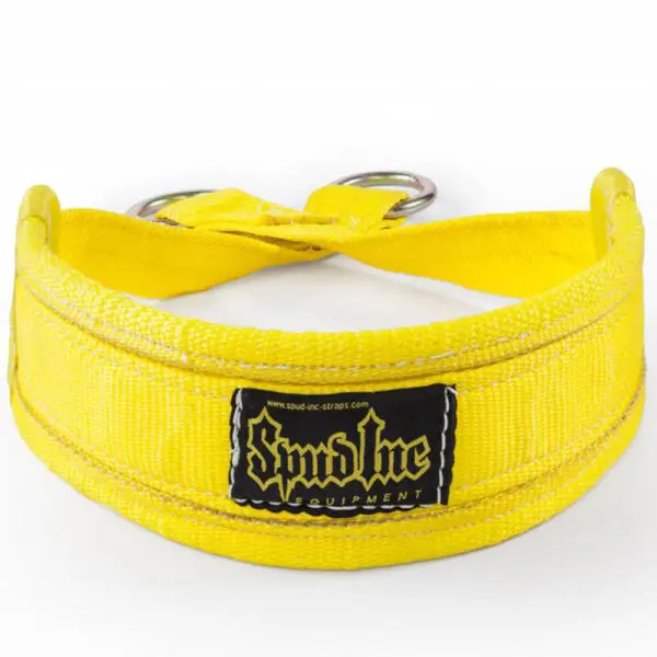 The Spud Inc Belt Squat Belt is bright yellow with reinforced stitching and features two metal D-rings. A black label in the center displays a logo in stylized white lettering.
