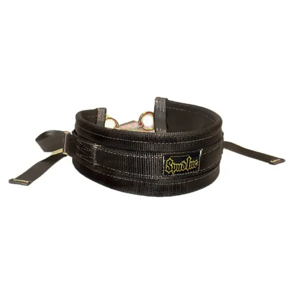 A Spud Inc Adjustable Belt Squat Belt in black nylon with metal rings and adjustable straps, featuring a yellow Special Line logo for equestrian training and saddle stability.