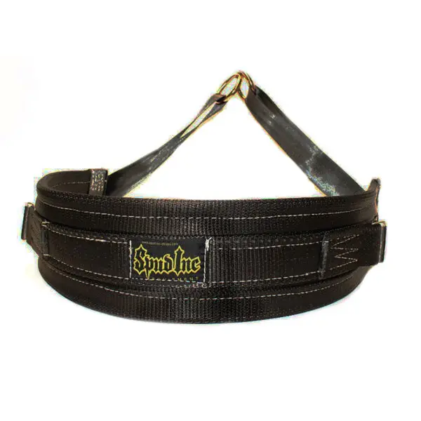 The Spud Inc Adjustable Belt Squat Belt is a black weightlifting belt featuring a yellow Spud Inc logo and is crafted from durable materials. It includes adjustable straps and a sturdy metal hook for secure fastening at the front.