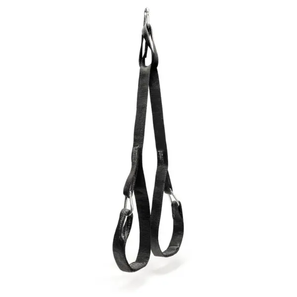 The Spud Inc The Big Ray Strap, a black climbing harness with two adjustable loops, hangs vertically against a plain white background. It features metal buckles and reinforced stitching for enhanced safety and durability.