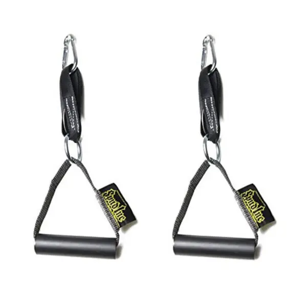 The Spud Inc Deluxe Cable Handles are black nylon exercise handles featuring carabiners and rubber grips. Ideal for attaching to resistance bands or home gym equipment, they come with attached branding labels.