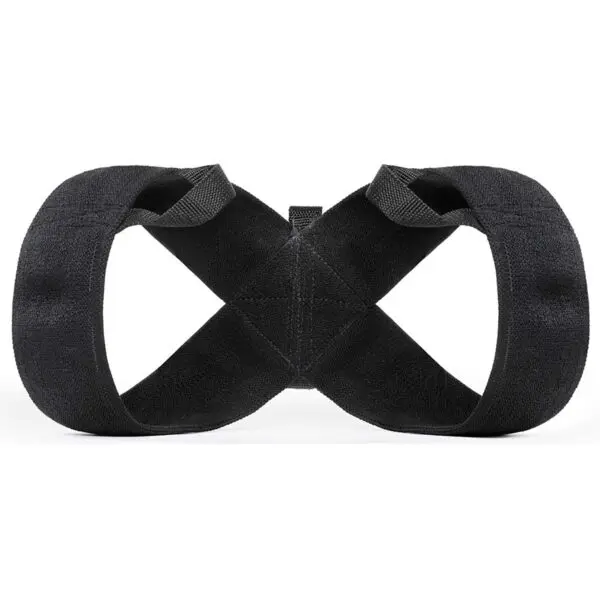 The Spud Inc Bowtie Casual is a black posture corrector with adjustable straps in an X shape, designed to support and align the upper back and shoulders.