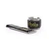 The Spud Choker Wrist Wraps feature a gray design with black and yellow Spud Inc. Equipment branding. The wrist wrap is rolled into a cylinder, while the matching strap is laid flat to highlight its texture and design.