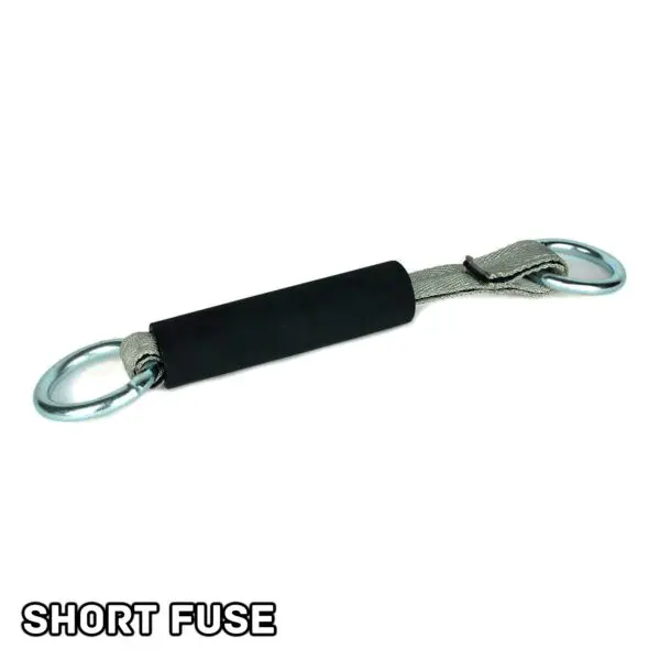 A short black and silver fuse with oval metal rings at both ends displays SHORT FUSE at the bottom left corner, from the Spud Inc Dynamite Stick Short/Long Fuse.