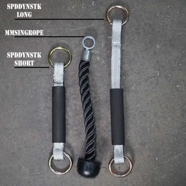 Three gym cable attachments on gray: two D-handle straps labeled Spud Inc Dynamite Stick Short/Long with metal rings and a black tricep rope labeled MMSINGROPE.
