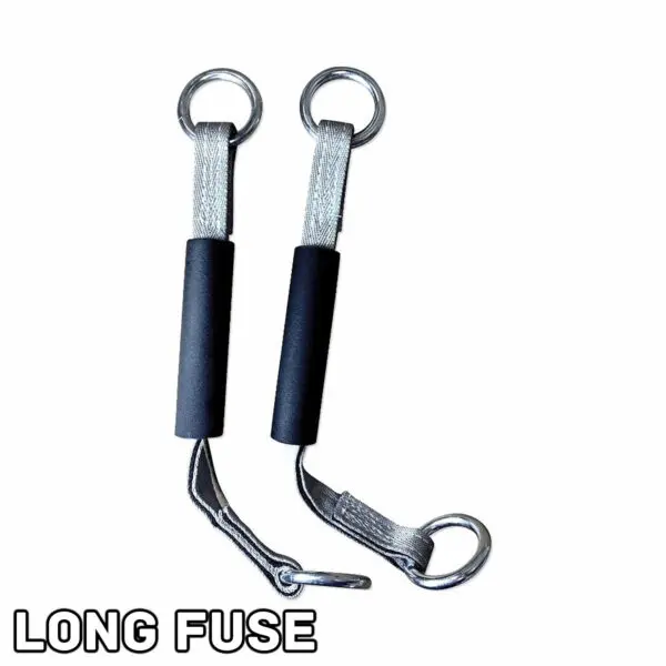 Two black and silver resistance bands with metal rings at each end are placed parallel on a white background, featuring the text Spud Inc Dynamite Stick Long Fuse in the bottom left corner.