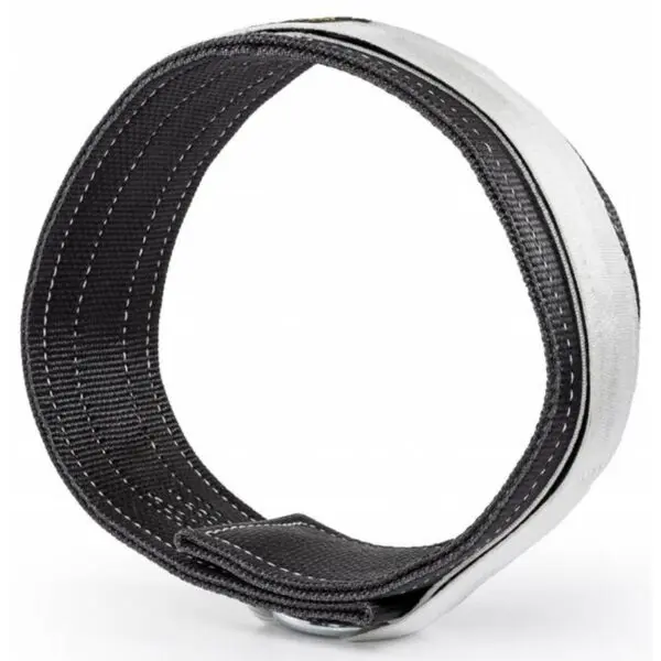 Close-up of the Spud Inc 2 Ply Deadlift Belt, a coiled black nylon design with white stitching and a metallic clasp, forming an incomplete circle loop against a white background.