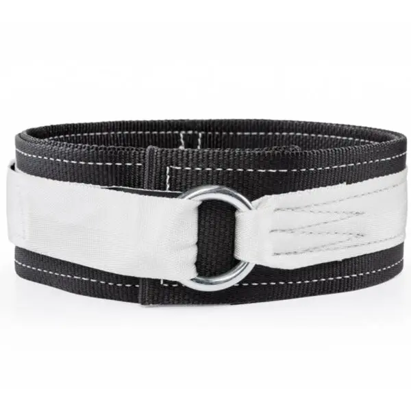 The Spud Inc 2 Ply Deadlift Belt is designed with a coiled black belt, featuring a white overlay and metal D-ring buckle. Visible edge stitching enhances its clean and simple design.