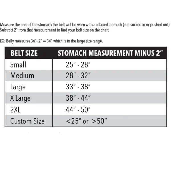 The belt size chart, crafted with precision similar to Spud Elbow Sleeves, has columns for Belt Size and Stomach Measurement Minus 2 Inches. Rows include Small (25-28), Medium (28-32), Large (33-38), X Large (38-44), 2XL (44-50), and Custom Size (50).