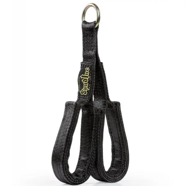 A black nylon Spud Inc Fat Triceps Strap, featuring two loops and a metal ring at the top, with Spinaline printed in yellow.