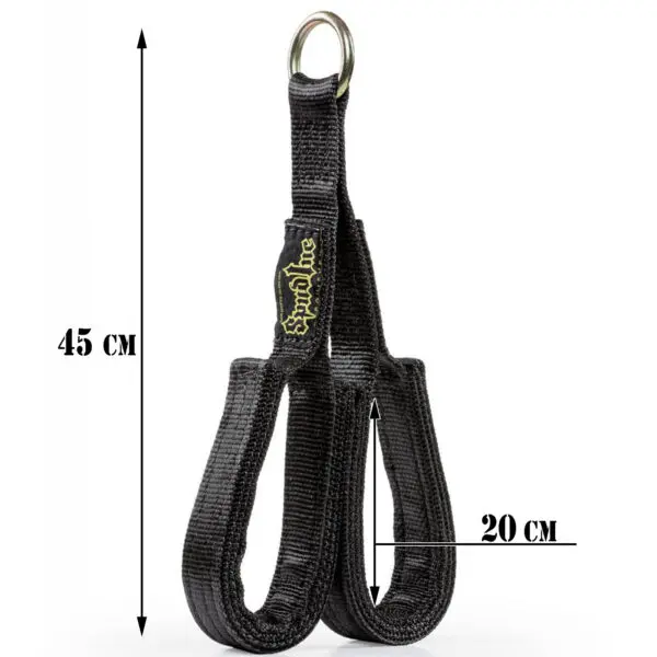 The Spud Inc Fat Triceps Strap features a black fabric loop handle with a metal ring on top, measuring 45 cm in total with a 20 cm loop height, and includes a small branded tag.