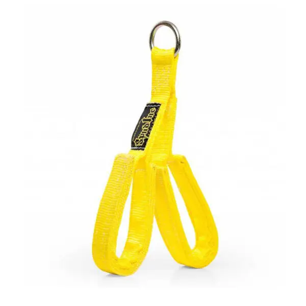 The Spud Inc Fat Triceps Strap is a durable yellow lifting sling featuring a metal ring at the top, two robust bottom loops, and a black label on one side.