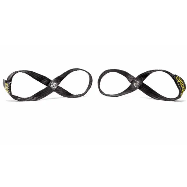 The Spud Inc Fat Triceps Straps are displayed side by side on a white background. Each black nylon strap forms a loop with a crossover in the middle and features yellow text on one end.