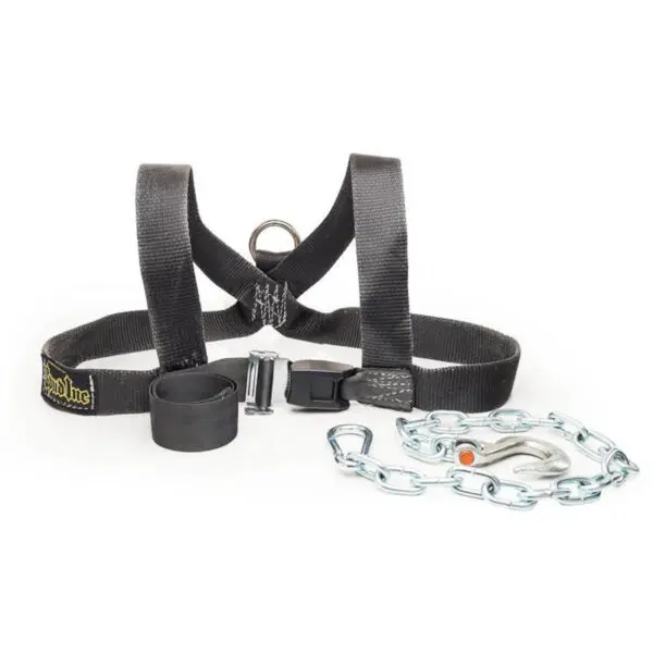 The Spud Inc. Front Squat Harness, in black, is showcased with a short chain, carabiner, and strap. It features reinforced straps, a buckle for fastening, and a D-ring for leash attachment.
