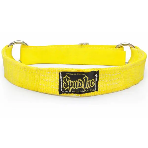 The Spud Inc Glute Ham Strap features a bright yellow fabric collar with a buckle, two silver D-rings, and a black patch adorned with decorative bilingual text and symbols.