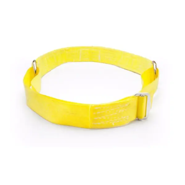 The Spud Inc Glute Ham Strap is a yellow safety belt with metal D-rings and an adjustable strap, suitable for industrial or construction use, shown on a white background.