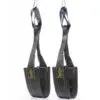 Two black Spud Inc Hanging Ab Straps for Leg Raises, featuring foot loops and metal carabiners for fitness training. These straps display a yellow logo embroidered on them and hang against a white background.