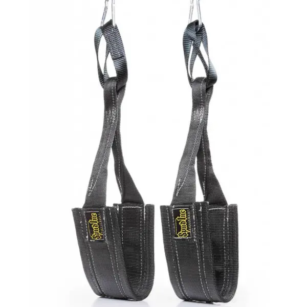 Two black Spud Inc Hanging Ab Straps for Leg Raises, featuring foot loops and metal carabiners for fitness training. These straps display a yellow logo embroidered on them and hang against a white background.