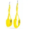 The Spud Inc Hanging Ab Straps, designed in bright yellow for aerial yoga and gymnastics, feature metal hooks and padded loops for comfort during stretching and fitness exercises. They are shown against a white background.