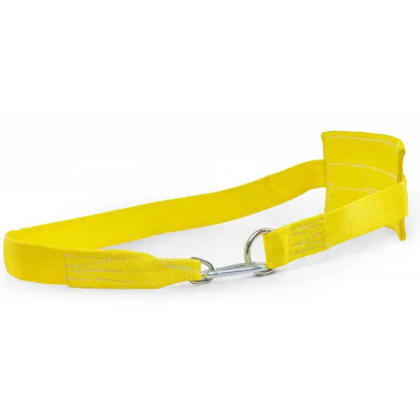The Spud Chainless Dip Belt is a bright yellow safety strap featuring reinforced stitching and a central metal D-ring, expertly crafted for secure fastening or lifting.