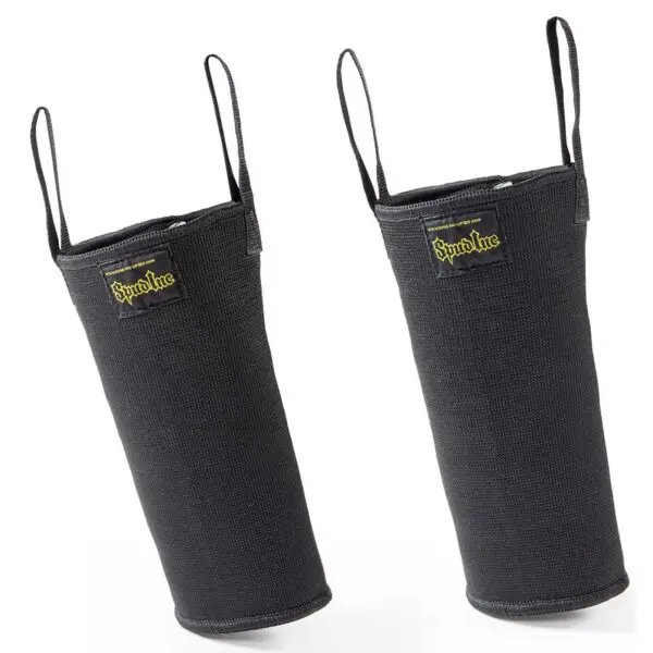 Two black Spud Knee Sleeves 1 Ply stand upright with sturdy handles, featuring a yellow Spotloc logo on the front. The textured, durable material suggests reliable protection.