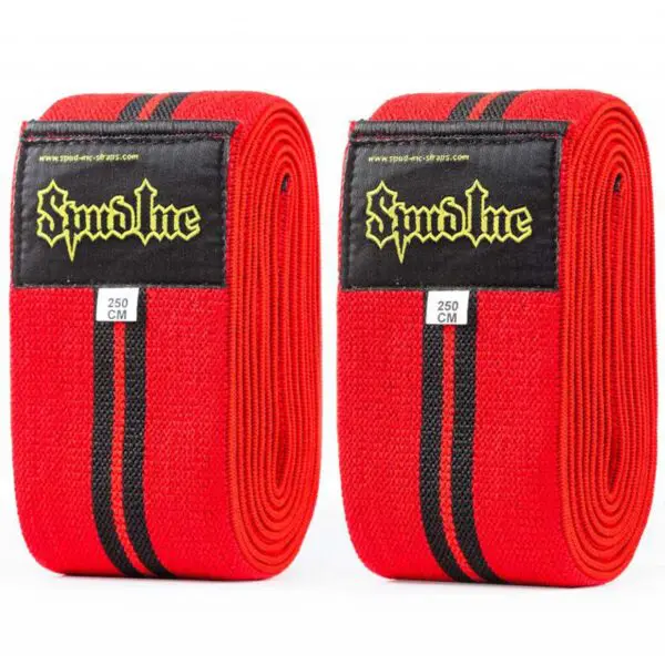 Two neat red Hooker Straps with black stripes and labels reading Spud Inc and 250 CM are displayed side by side.