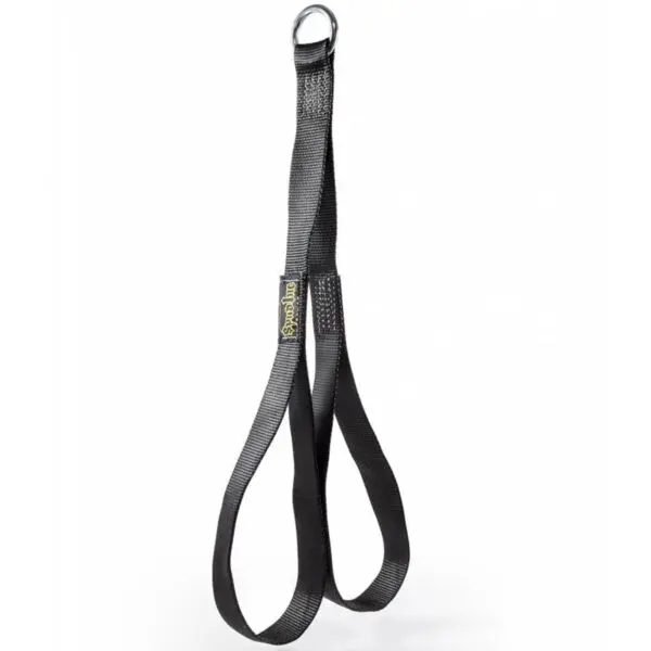The Spud Inc Hooker Straps, made of black nylon, feature a metal ring and a figure-eight loop design to enhance stretching exercises, offering flexibility and support for yoga or fitness routines.