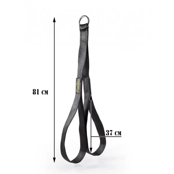 The Spud Inc Hooker Straps are black lifting straps featuring a metal ring, dual loops, and measurements of 81 cm in height and 37 cm in loop length.
