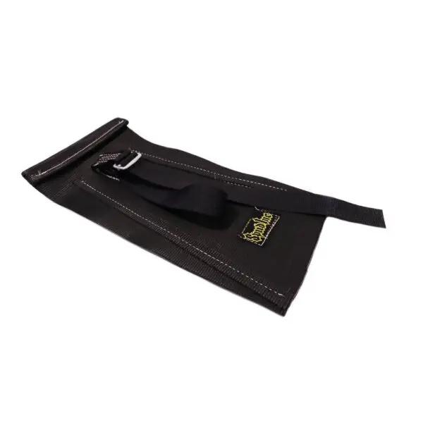 The Spud Inc Mini Me Sled is a black protective sleeve, featuring visible stitching, a yellow logo, and a buckle strap designed to securely hold and protect an object.