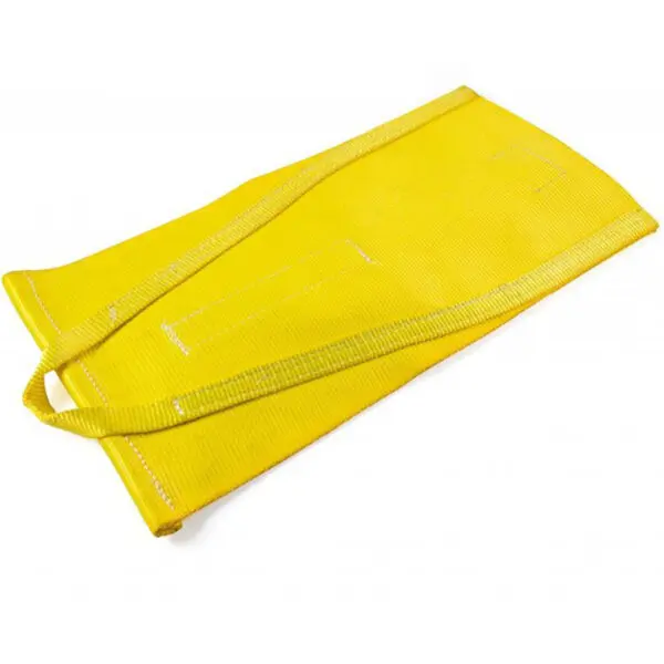 A Spud Inc Mini Me Sled yellow lifting sling, reinforced stitching, laid flat on a white background. The sling features loops at each end for securing or lifting objects.