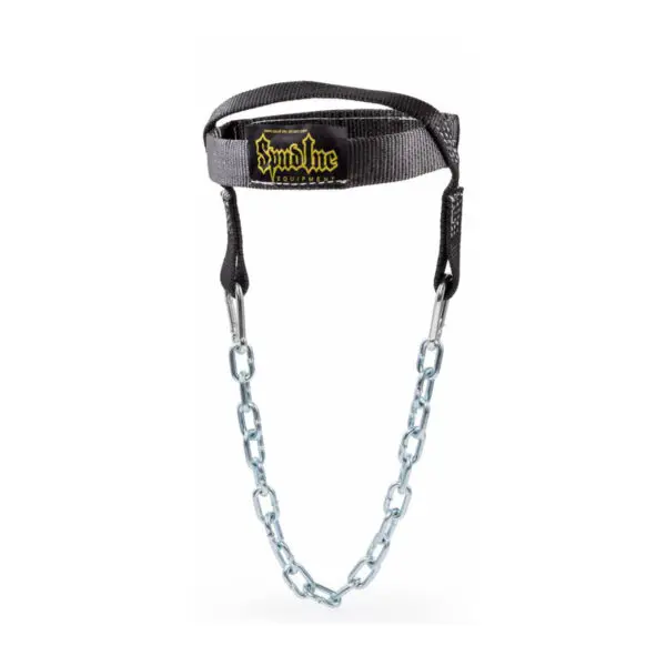 The Spud Magic Carpet Sled features a black strap with an embroidered logo attached to a silver metal chain, creating a looped cable attachment for lifting. The adjustable strap is designed for strength training exercises.
