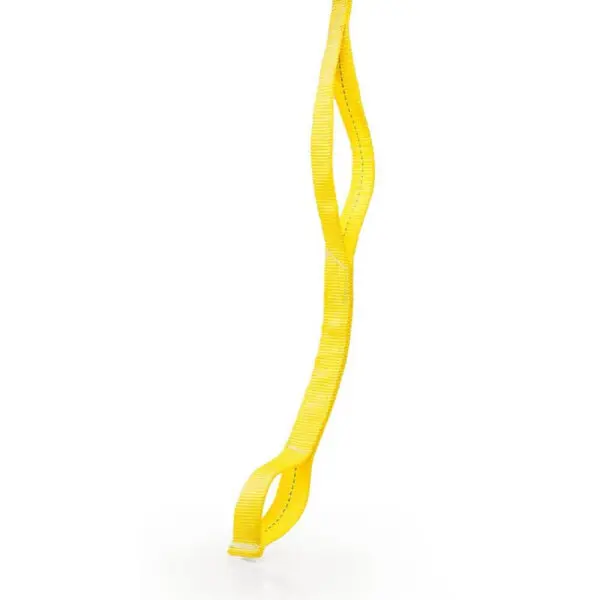 A yellow Spud Standing Oblique Strap hangs vertically against a plain white background, crafted from woven fabric, twisted at multiple points with loops at each end.