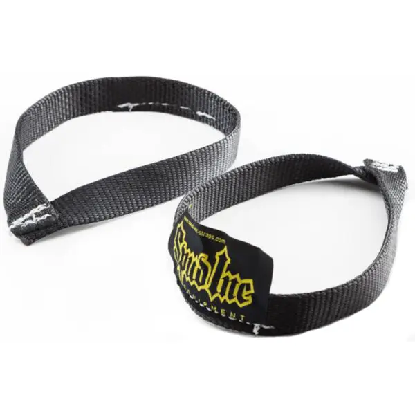The Spud Oly Strap, an Olympic-style weightlifting accessory, is black with a yellow and white logo on each strap. They are looped and showcased against a white background.