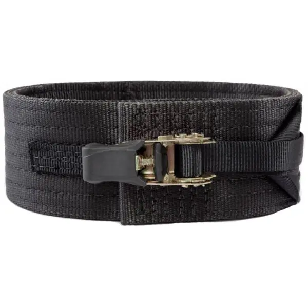 The Spud Inc Pro Powerlifting Belt in black features a sturdy metal buckle and durable woven material, coiled elegantly against a white background.