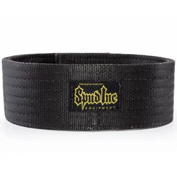 A black Spud Inc Pro Powerlifting Belt featuring a yellow Spud Inc Equipment logo on the front, showcased against a white background.