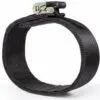 The Spud Inc Pro Powerlifting Belt features a black nylon strap with a metallic locking mechanism and textured surface. Its circular design includes a sturdy clasp with a small lever for easy tightening or loosening.