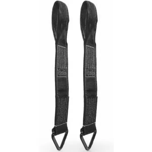 The Spud Power Rack Savers are black lifting wrist straps with loops at one end and triangular rings at the other, featuring printed text and logo designs.