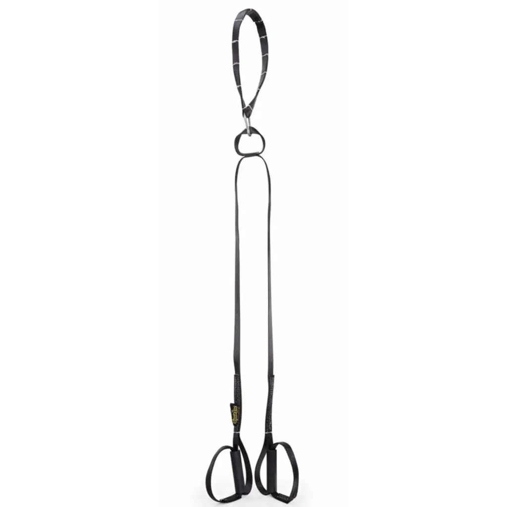 The Spud Suspension Rack Trainer is a black sling with two thick loops at the bottom and a handle on top, featuring a robust, durable design.