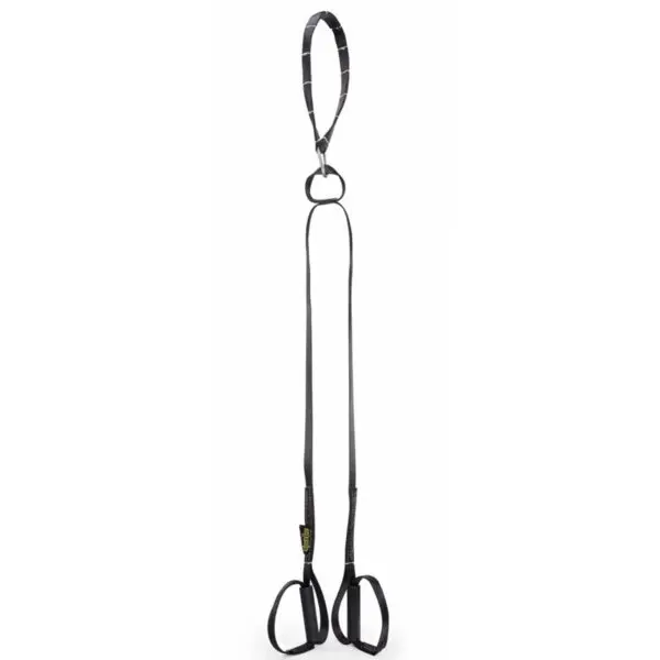 The Spud Suspension Rack Trainer is a black sling with two thick loops at the bottom and a handle on top, featuring a robust, durable design.